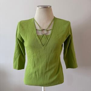 Vtg Y2K 2000s Green Knit Strappy Rhinestone Ring Stretchy Blouse Sz L Fairycore